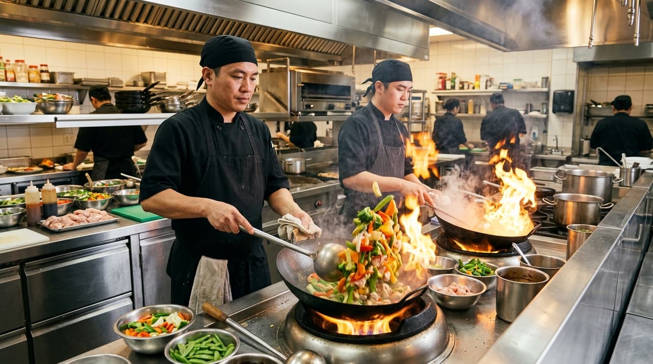 Professional culinary chefs stir-frying fresh Asian entrees over open flame wok ranges in commercial restaurant kitchen